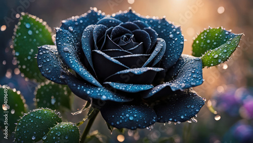 beauty of a black rose, a rarity in the world of floriculture. Its velvety petals, almost indistinguishable from darkness, are adorned with glistening water droplets that enhance its mysterious allure