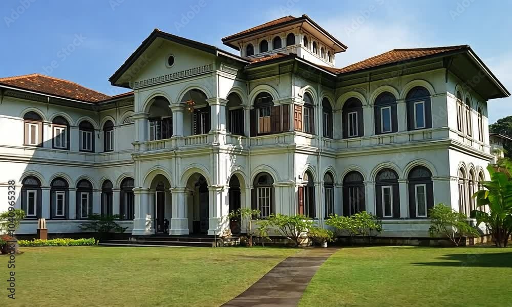 A white colonial mansion with a red tile roof, surrounded by lush green gardens and a paved path. A white colonial mansion with a red tile roof, surrounded by lush green gardens and a paved path.