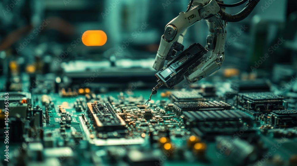 A macro shot of robotic arms assembling intricate electronic components in a high-tech factory, Industrial style, photo of
