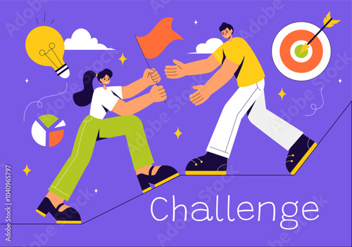 Challenge Vector Illustration featuring a Businessman Running to the Top of a Graph and Overcoming Obstacles to Achieve Success in a Flat Background