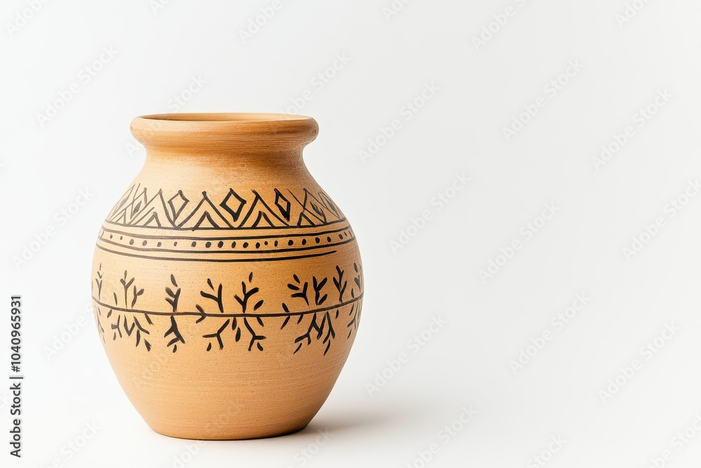 Rustic clay vase with intricate tribal patterns on minimalist background Rustic clay vase with intricate tribal patterns on minimalist background