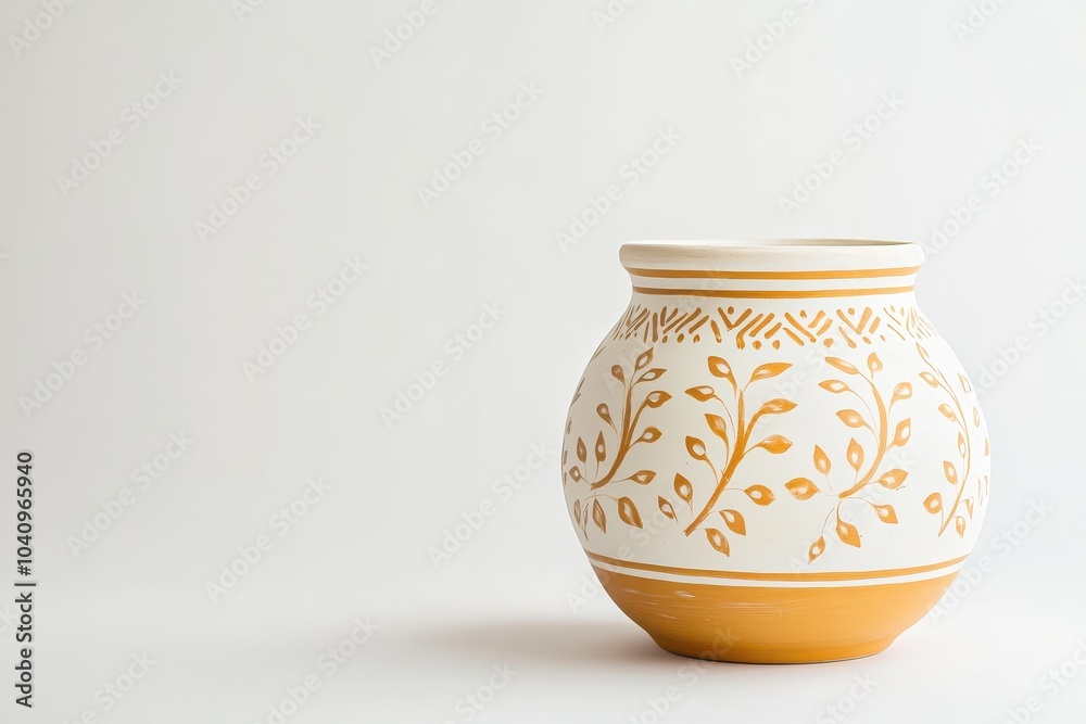 Elegant hand-painted clay pot with floral design on minimalist background Elegant hand-painted clay pot with floral design on minimalist background