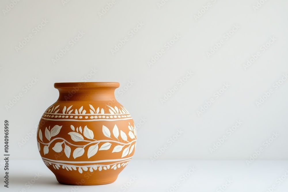 Rustic earthenware pot with white leaf pattern against minimalist background Rustic earthenware pot with white leaf pattern against minimalist background