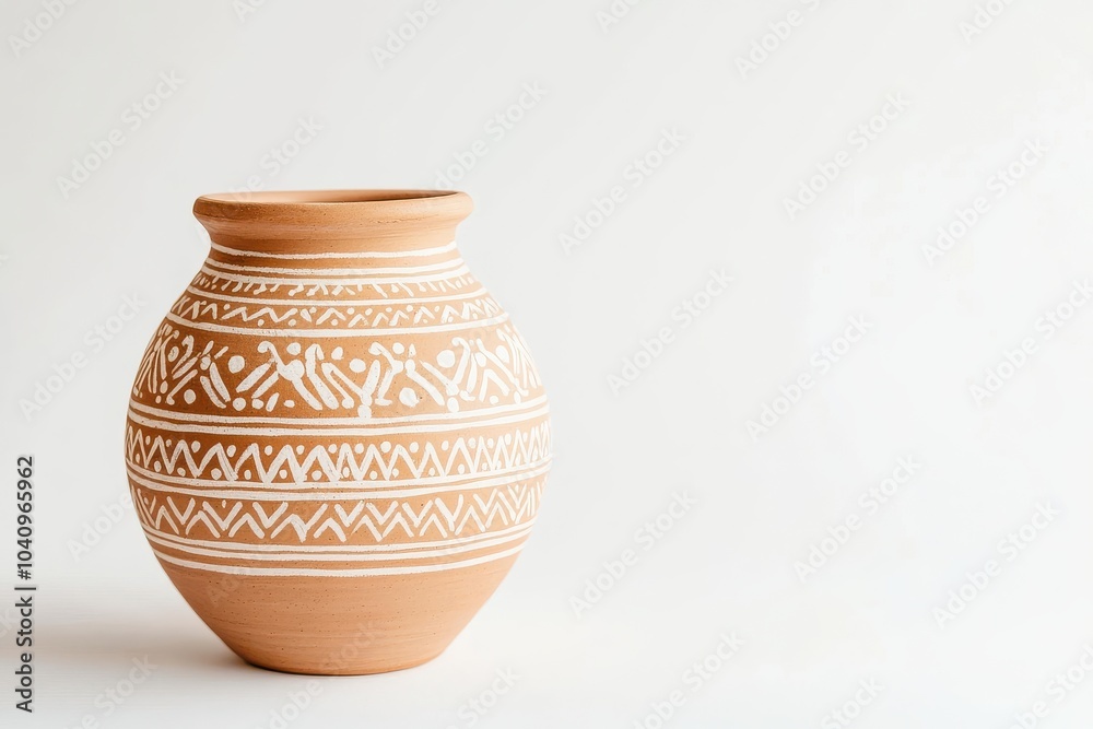Handcrafted earthen pottery with intricate white patterns on neutral background Handcrafted earthen pottery with intricate white patterns on neutral background