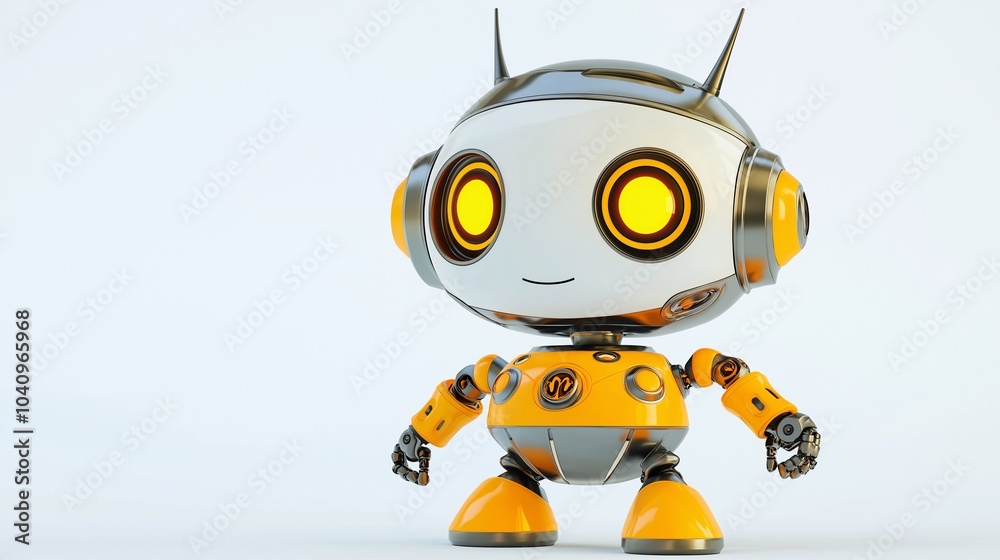 Cute Yellow Robot: A charming, friendly robot design with bright yellow and grey accents, perfect for children's tech, AI, or futuristic concepts.  