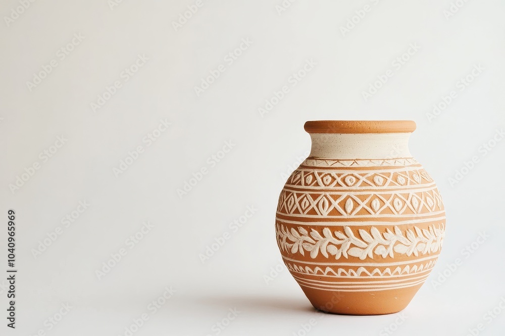 Elegant terracotta vase with intricate patterns on neutral background Elegant terracotta vase with intricate patterns on neutral background