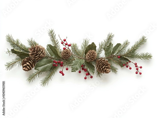 Festive pinecone and berry garland with evergreen branches on white