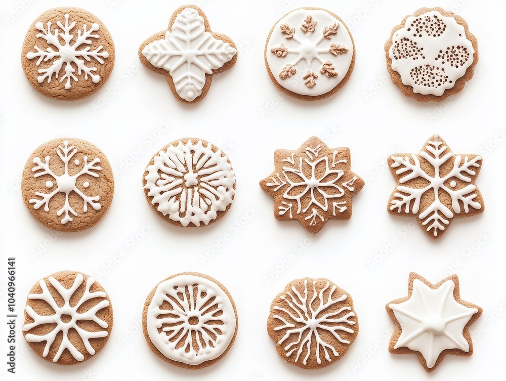 Fototapeta premium Decorative holiday cookies with intricate icing designs on white background