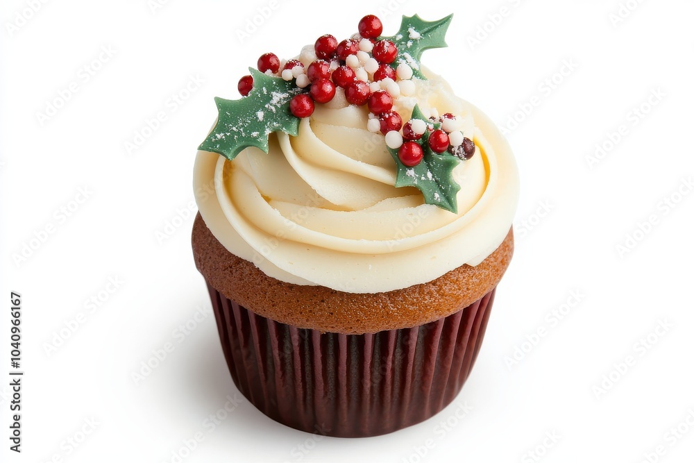 Festive holiday cupcake with cream frosting and sugar berry decorations Festive holiday cupcake with cream frosting and sugar berry decorations