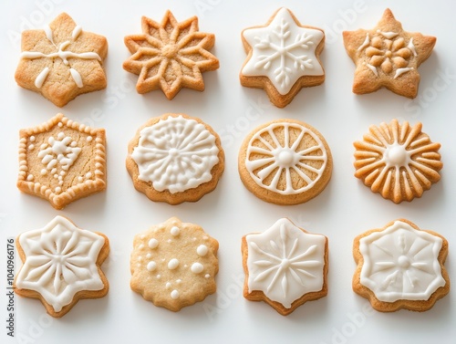 Assorted iced holiday cookies on white background: festive baking decorations photo