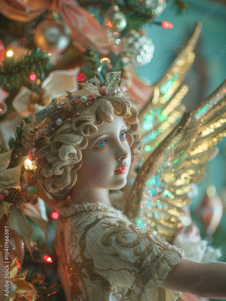 beautiful close up of tree topper angel, adorned with intricate details and glowing softly in warm light. angels delicate features and shimmering wings create magical holiday atmosphere beautiful close up of tree topper angel, adorned with intricate details and glowing softly in warm light. angels delicate features and shimmering wings create magical holiday atmosphere