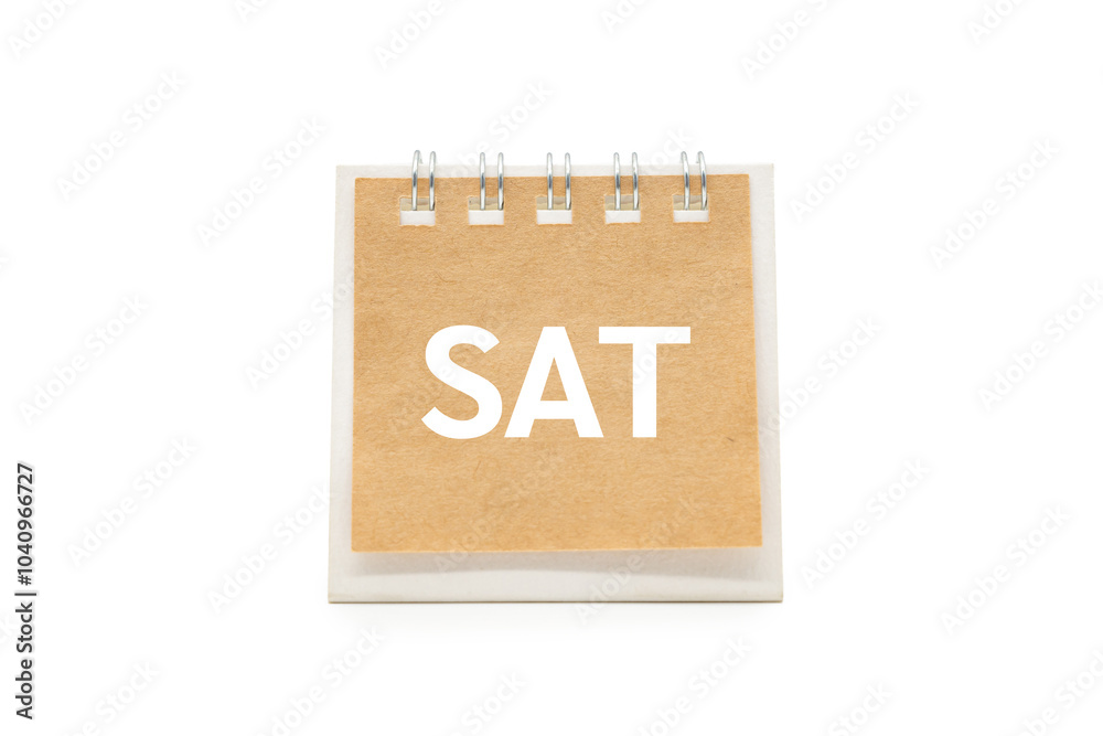 SAT text on desk calendar with clipping path isolated on white background. SATURDAY and Calendar concept SAT text on desk calendar with clipping path isolated on white background. SATURDAY and Calendar concept