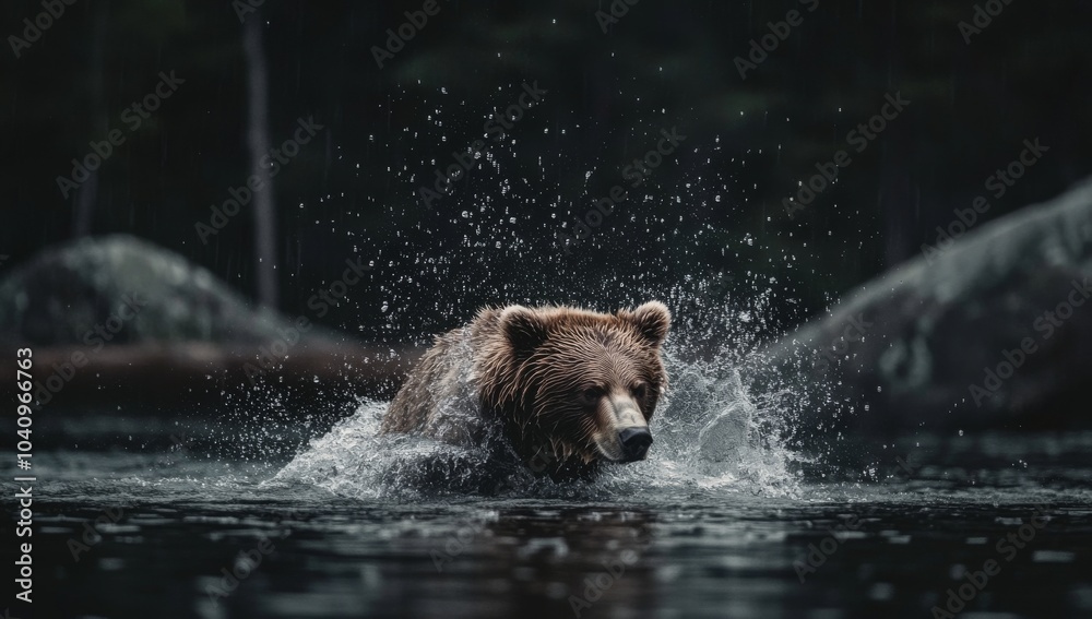 A brown bear emerges from the water, splashing water as it runs through a river. A brown bear emerges from the water, splashing water as it runs through a river.