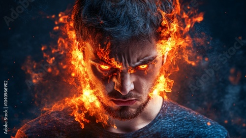 A Man's Face Engulfed in Flames with Burning Eyes