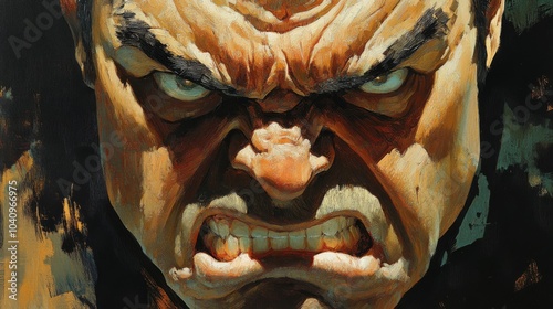 Close-up Oil Painting of a Man's Frowning, Angry Face photo