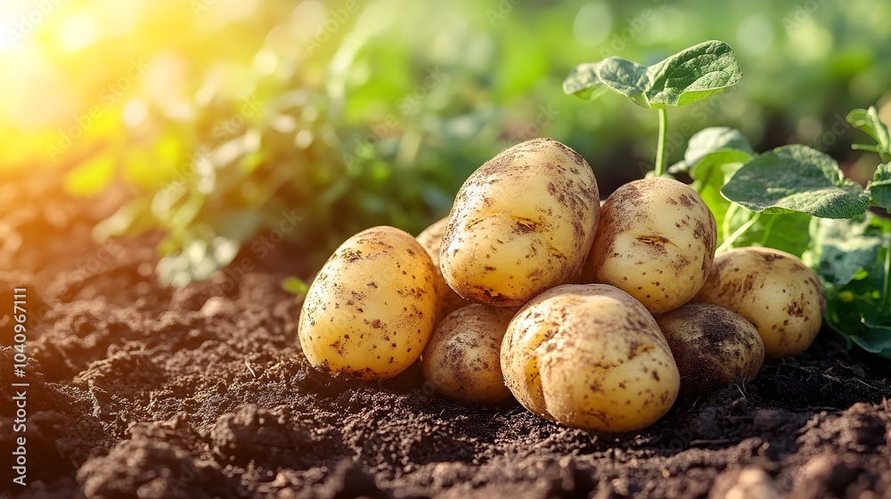 Beautiful heap of plump, freshly dug potatoes on earthy ground, surrounded by a thriving potato field with sunlight gently casting shadows on the crops Beautiful heap of plump, freshly dug potatoes on earthy ground, surrounded by a thriving potato field with sunlight gently casting shadows on the crops