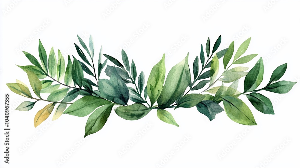 Obraz premium Watercolor painting of a green leafy branch with leaves in various shades of green.