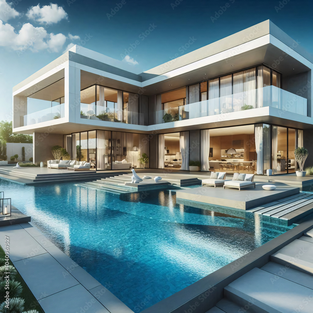 Fototapeta premium A modern villa with a large pool, featuring expansive glass windows and a sleek design