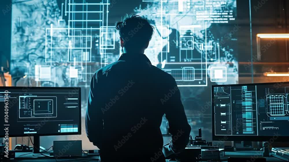 A person works late at night in front of a large monitor with a map displayed, surrounded by other computer screens