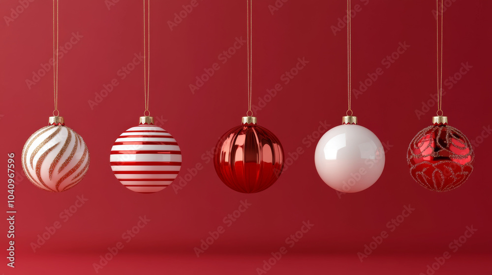 Bright and glossy Christmas ornaments in red and white colors hang elegantly against vibrant red background, adding festive touch to holiday decor Bright and glossy Christmas ornaments in red and white colors hang elegantly against vibrant red background, adding festive touch to holiday decor