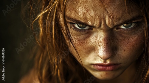 Close-up Portrait of a Young Woman with Angry Expression and Freckles