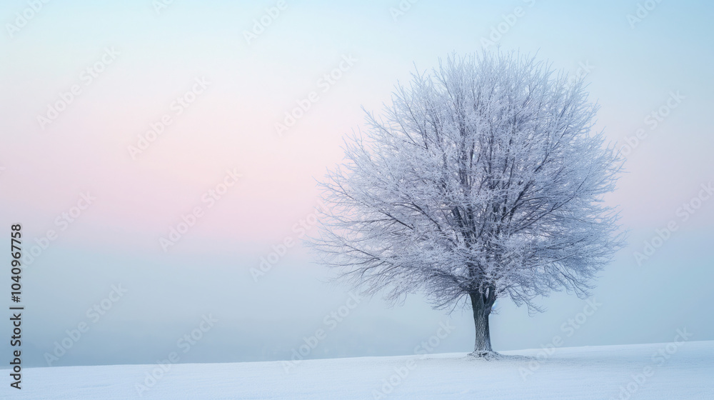 Lonely tree covered with frost huge snowy field.Minimalistic winter background evokes feeling of loneliness and tranquility,and crisp white snow and soft blue sky create peaceful atmosphere Lonely tree covered with frost huge snowy field.Minimalistic winter background evokes feeling of loneliness and tranquility,and crisp white snow and soft blue sky create peaceful atmosphere