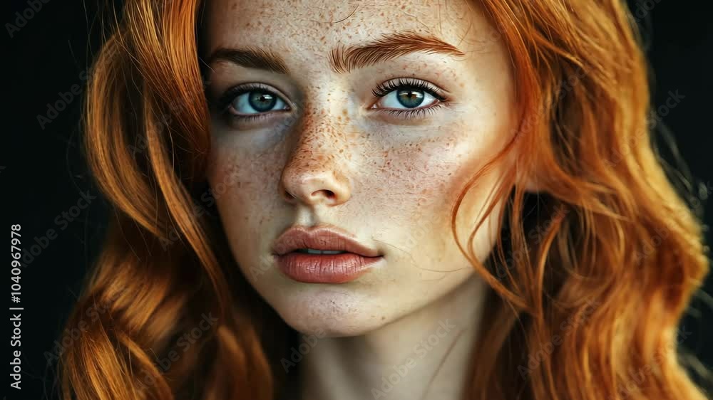A young woman with long, red hair and blue eyes stares directly at the camera A young woman with long, red hair and blue eyes stares directly at the camera