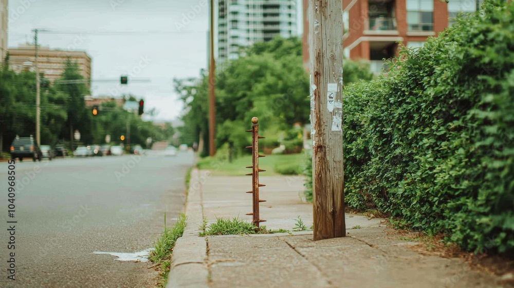 Naklejka premium Urban Street Scene with Utility Pole and Overgrown Grass