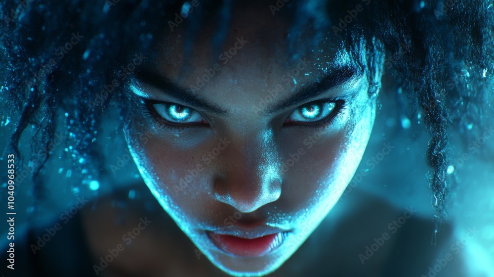 Close-up Portrait of a Woman with Glowing Blue Eyes and Skin Close-up Portrait of a Woman with Glowing Blue Eyes and Skin