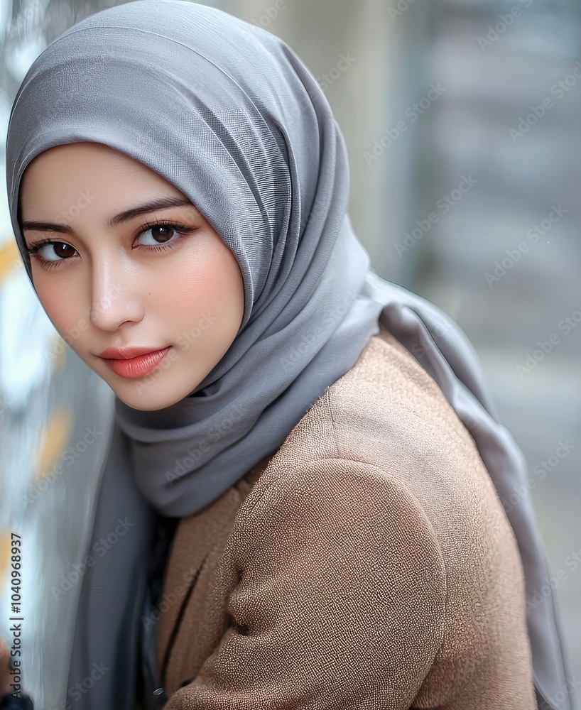 Close-up Portrait of a Young Woman Wearing a Grey Hijab and Brown Jacket Close-up Portrait of a Young Woman Wearing a Grey Hijab and Brown Jacket