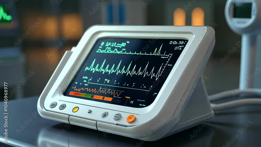 A medical monitor displays a patient's vital signs, including a heart rate, in a dimly lit room A medical monitor displays a patient's vital signs, including a heart rate, in a dimly lit room