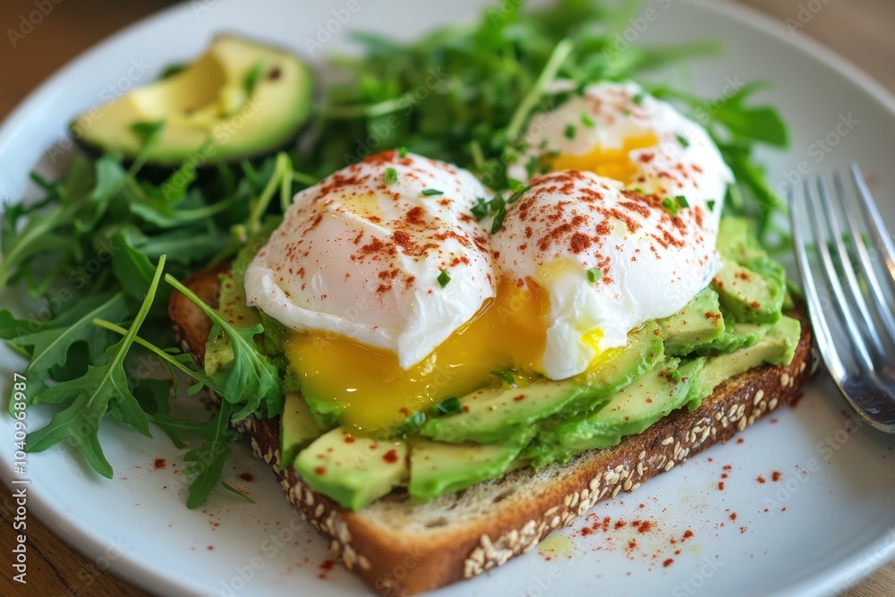 A plate of avocado toast topped with poached eggs, a sprinkle of chili flakes, and a side of arugula salad, representing a healthy and trendy breakfast option A plate of avocado toast topped with poached eggs, a sprinkle of chili flakes, and a side of arugula salad, representing a healthy and trendy breakfast option