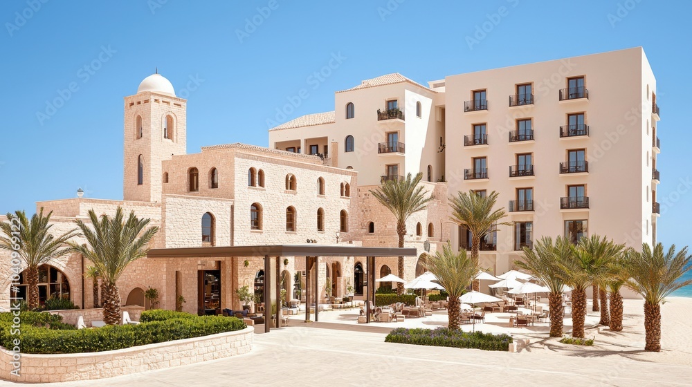 Naklejka premium Elegant Resort with Modern Architecture and Palm Trees