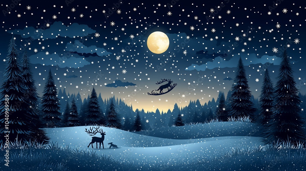 Naklejka premium Silhouettes of reindeer under a full moon with falling snow in a snowy forest.