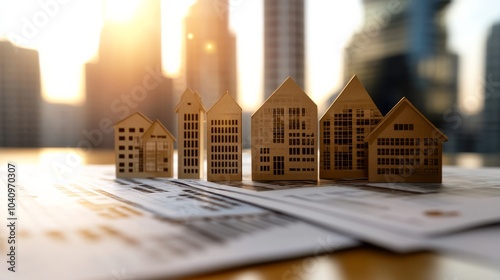 A close-up view of wooden house models on financial documents, set against a backdrop of urban buildings, highlighting themes of real estate and investment. photo