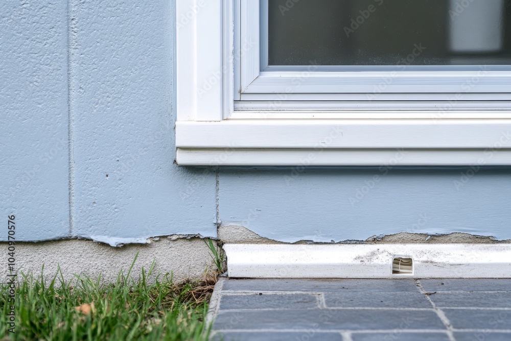 Close-up of a cracked foundation and a window sill on a light blue house exterior.