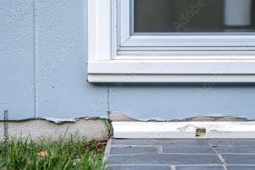 Obraz na płótnie Close-up of a cracked foundation and a window sill on a light blue house exterior. w salonie