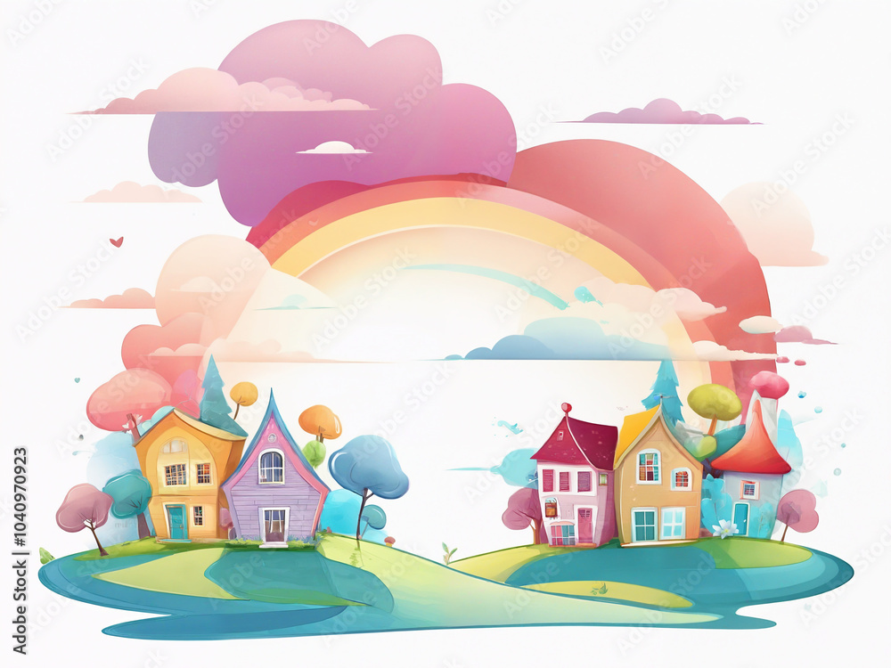 Naklejka premium Generated illustration of vibrant colorful isolated cartoon houses with rainbow.