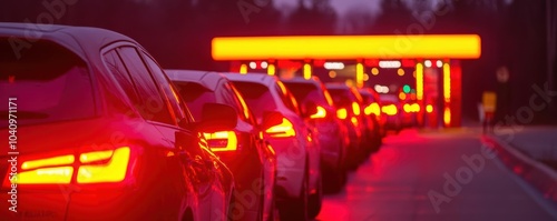 Fast food drive-thru at dusk, cars lined up, illuminated signage, convenience and speed during busy hours