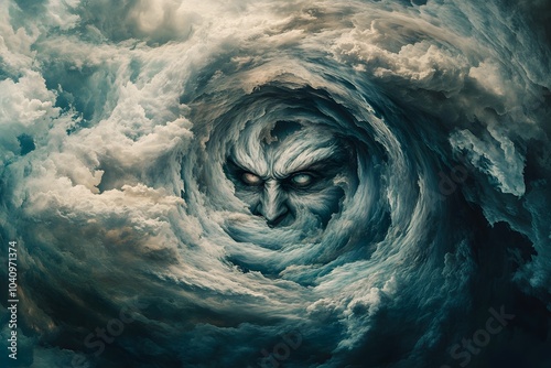 A swirling, dramatic sky filled with ominous clouds and a fierce face emerging, evoking a sense of power and emotion. photo