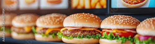 Close-up of fast food menu board with vibrant combo meal options, bold colors, special deals highlighted
