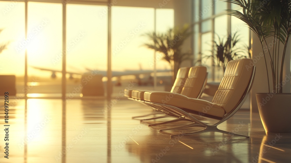 Fototapeta premium Empty Airport Lounge Chairs With Sunset View Through Large Windows