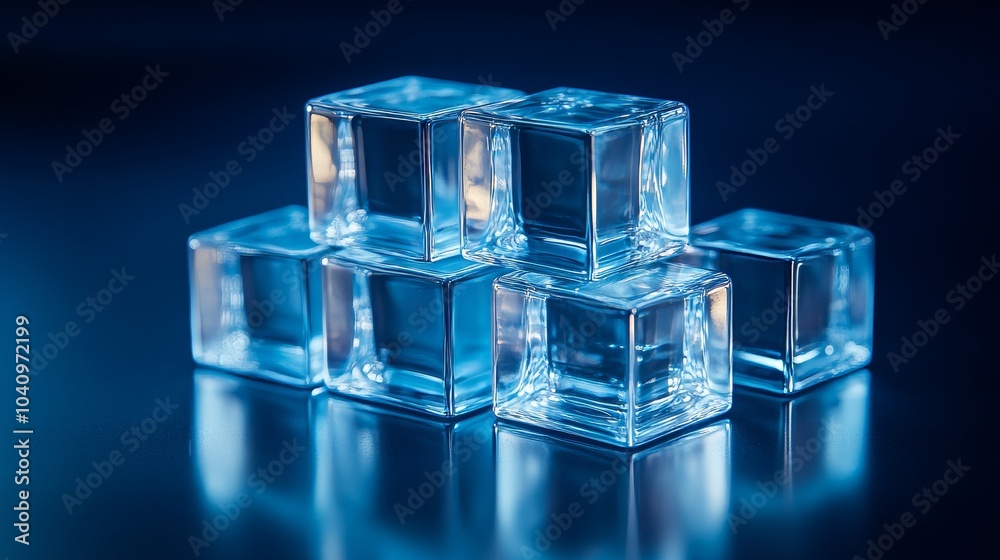 Transparent glass cubes stacked symmetrically, casting subtle reflections on a mirrored surface, dark blue gradient background, high contrast lighting Transparent glass cubes stacked symmetrically, casting subtle reflections on a mirrored surface, dark blue gradient background, high contrast lighting
