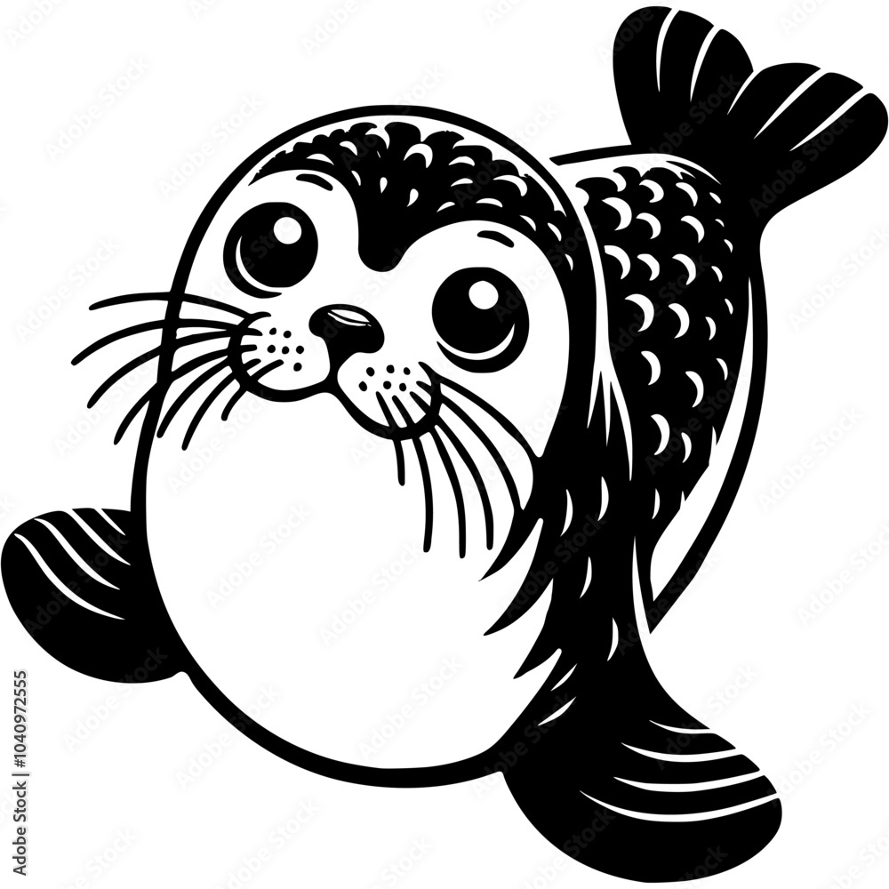 Seal is smiling and looking at camera in monochrome. Seal with white belly and black face. Simple minimalistic vector in black ink drawing on transparent background Seal is smiling and looking at camera in monochrome. Seal with white belly and black face. Simple minimalistic vector in black ink drawing on transparent background
