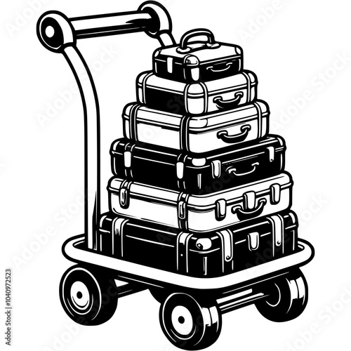 Stack of travel suitcases on hotel trolley in monochrome. Simple minimalistic vector in black ink drawing on transparent background