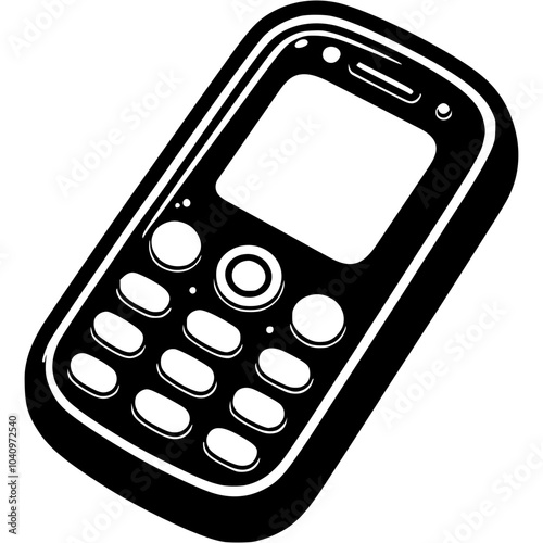 Push button mobile phone for schoolchildren in monochrome. Simple minimalistic vector in black ink drawing on transparent background