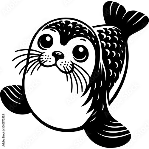 Seal is smiling and looking at camera in monochrome. Seal with white belly and black face. Simple minimalistic vector in black ink drawing on transparent background