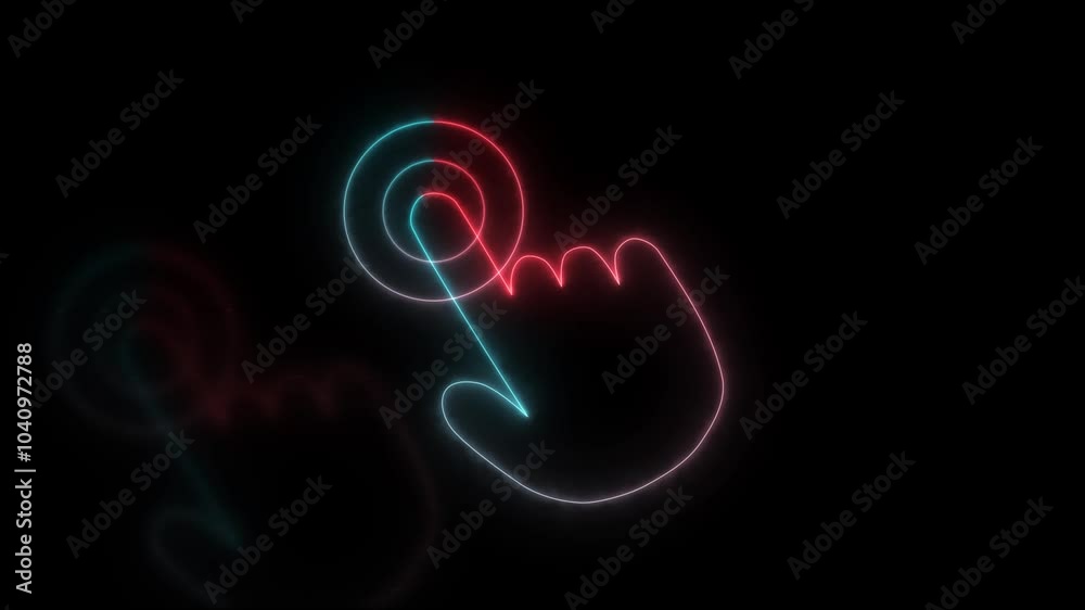 Hand touch - click. Glowing neon icon on the black background. Hand touch - click. Glowing neon icon on the black background.