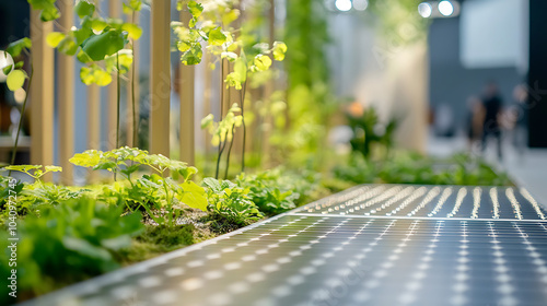 Close-up of sustainable technology exhibits at the COP 29 event, showcasing renewable energy solutions in high-definition, detailed texture of solar panels.