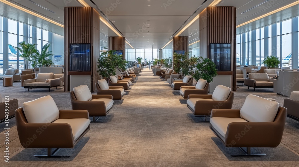 Modern Airport Lounge with Rows of Comfortable Armchairs Modern Airport Lounge with Rows of Comfortable Armchairs